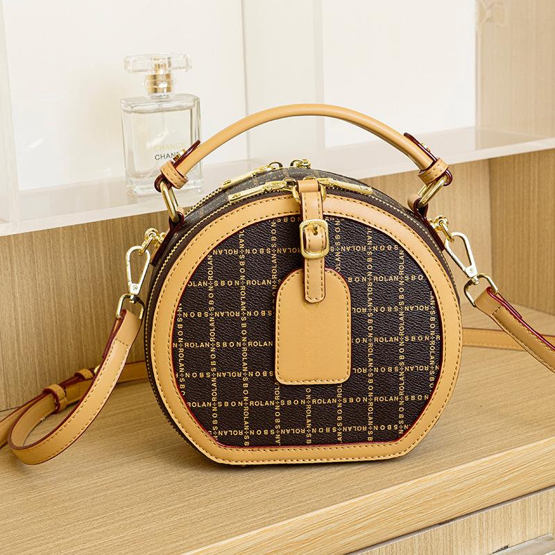 Vintage Small Round Bag Printed Women's Bag Temperament One Shoulder Fashion Crossbody Round Cake Small Bag Commuting All-in-one Handbag