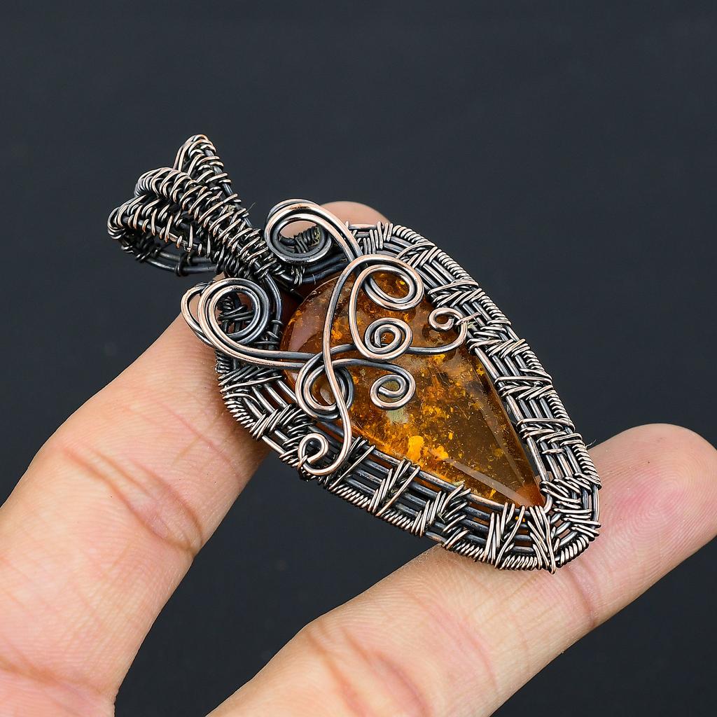 Natural Baltic Amber Gemstone Handmade Copper Wire Wrap Pendant 2.76" f9g06