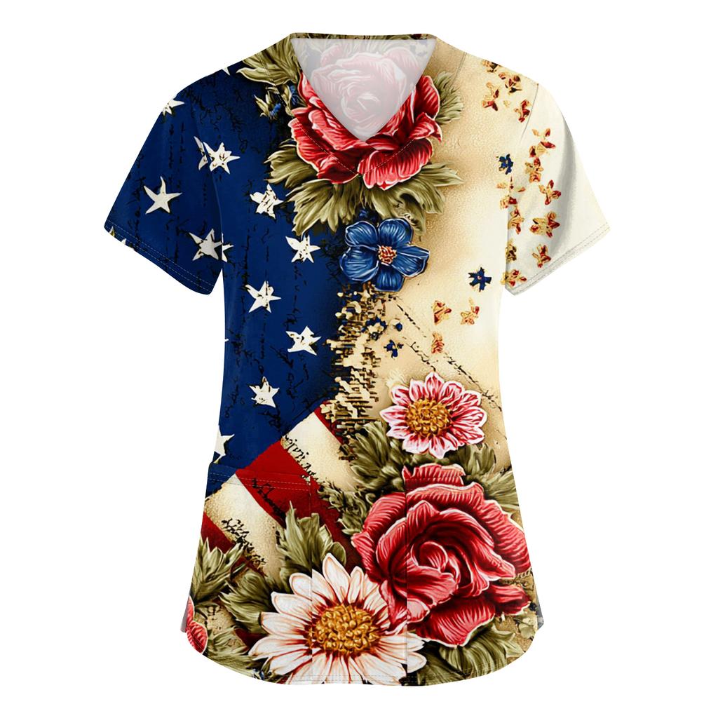 Damen Kurzarm Unabhängigkeitstag Aufdruck V-Ausschnitt Tasche Arbeitskleidung Oberteil