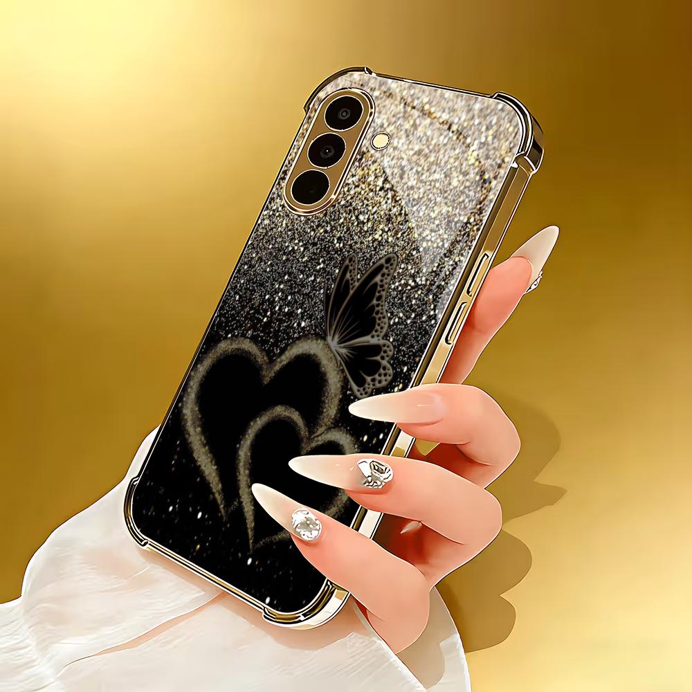 Goldene herzförmige Glas-Handyhülle geeignet für Samsung Galaxy S26 S25 S24 S23 S22 S20 FE/Ultra/Plus stoßfeste Rückabdeckung