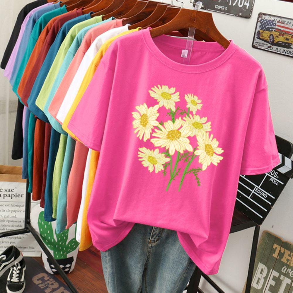 Street Baumwolle Damen T-Shirts Frisch Harajuku Gelbe Chrysanthemenblumen Drucke Oberteile Locker Rundhals Weiche T-Shirts Damenbekleidung