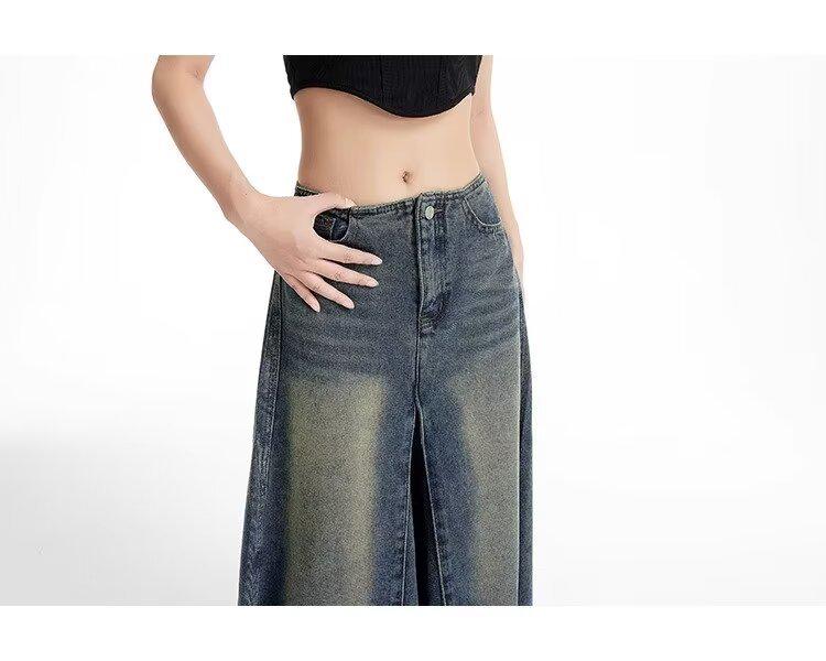 Women's Retro High-Waisted Denim A-Line Skirt - Summer, Washed Blue, Knee-Length