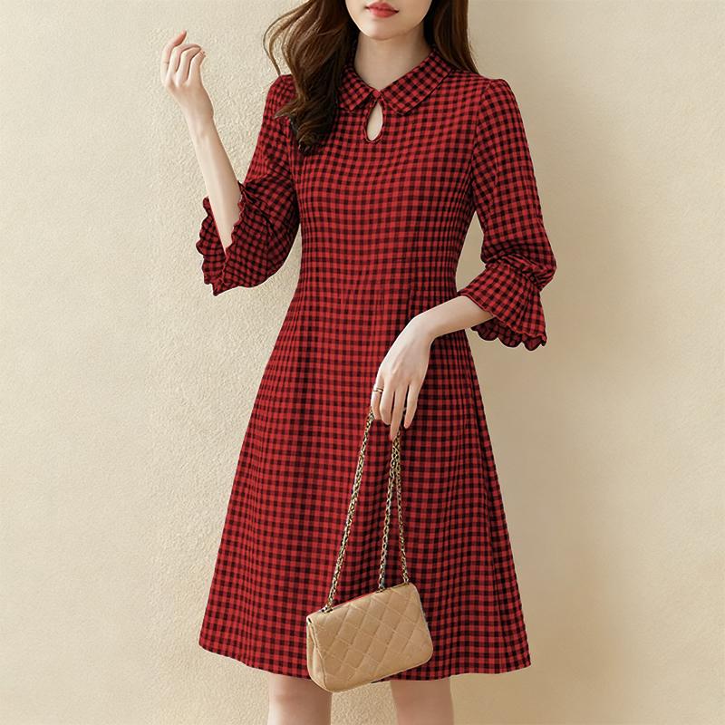 

ZANZEA Women Turn Down Collar Casual 3/4 Sleeve Plaid Print A-line Dress 5XL червоний
