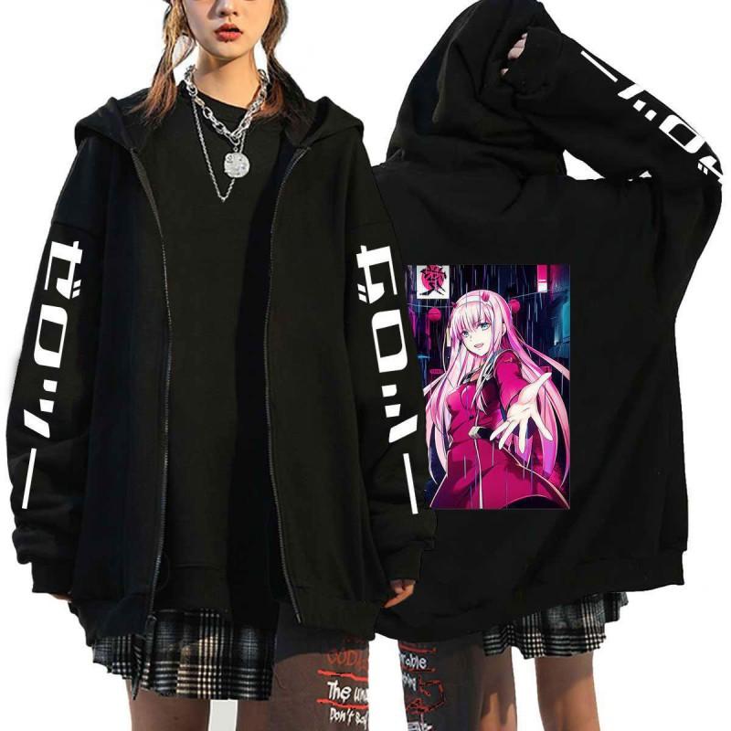 Mens Anime Zero Two Darling In Franxx Printed Fleece Lined Hooded Sweatshirt Casual Long Sleeve Pullover