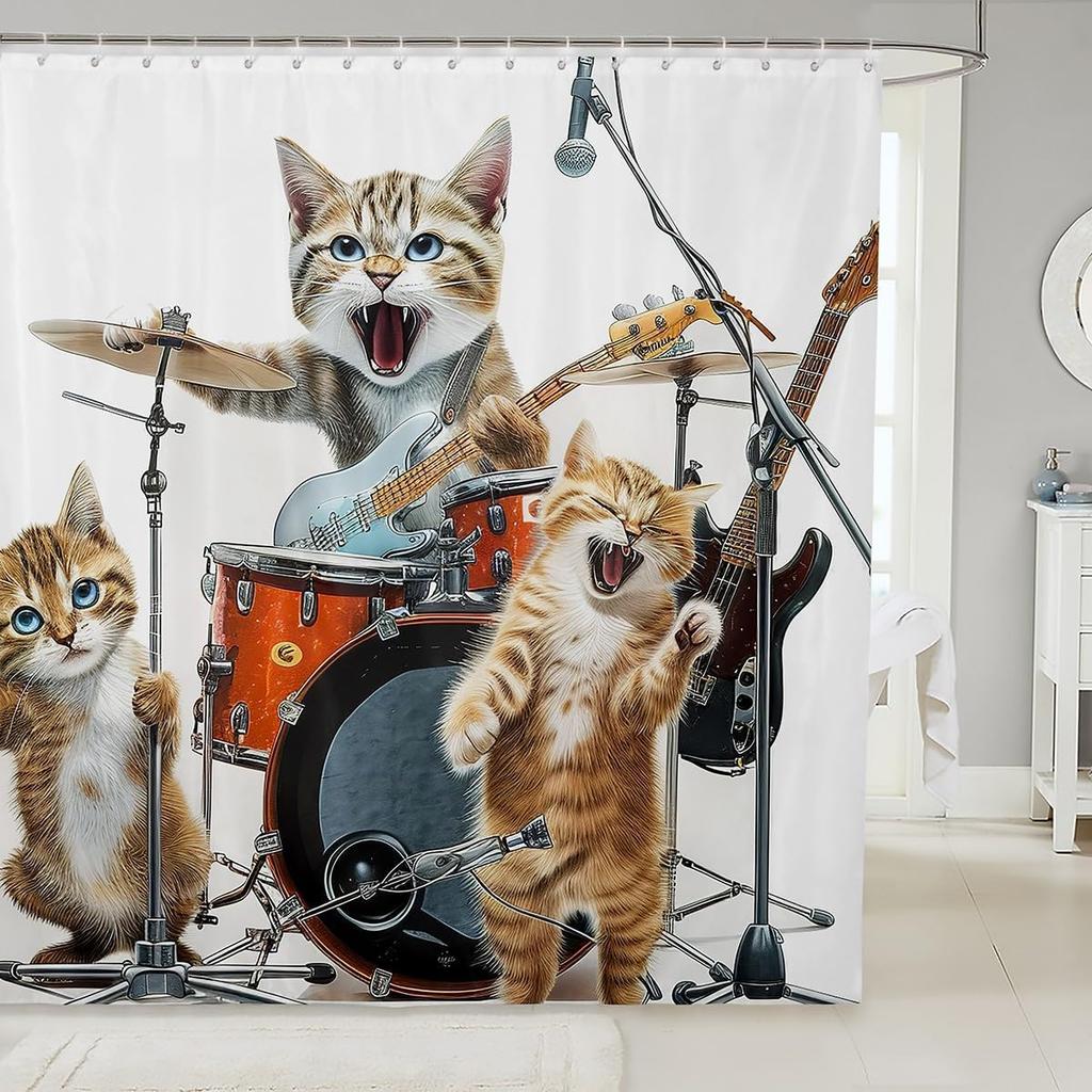 Cartoon Black Cat Shower Curtain Retro Pink Cherry Blossom Wild Flowers Bathroom Curtain Kids Teens Adults Cute Animal Vintage