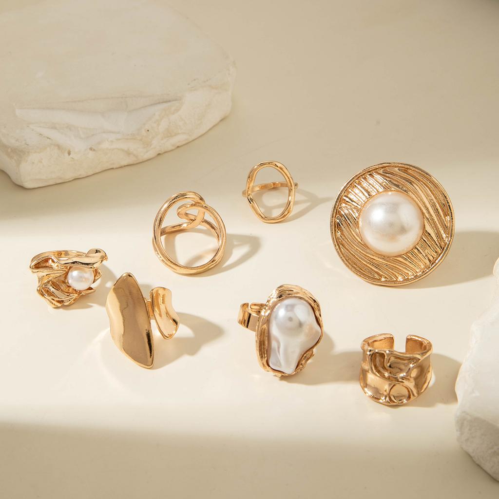 Accessories Geometric Irregular Pearl Alloy Vintage Ring Personality Premium Ring Set