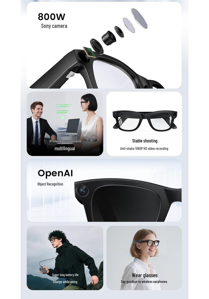 800W HD AI Smart Bluetooth Glasses Camera: Anti-Shake Photography, Video Recording, Recognition, and Translation Capabilities.