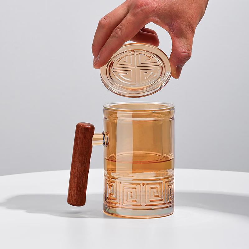 Auspicious Mountain Pattern Glass Cup with Wooden Handle