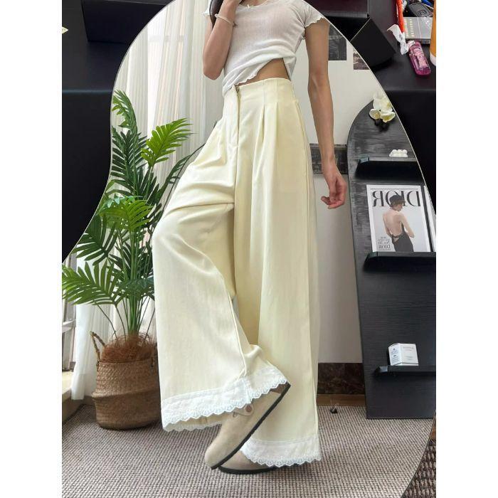 

Широкие брюки из кружева молочно-абрикосового цвета для женщин, летний новый стиль, облегающие, свободные, универсальные повседневные брюки XXL