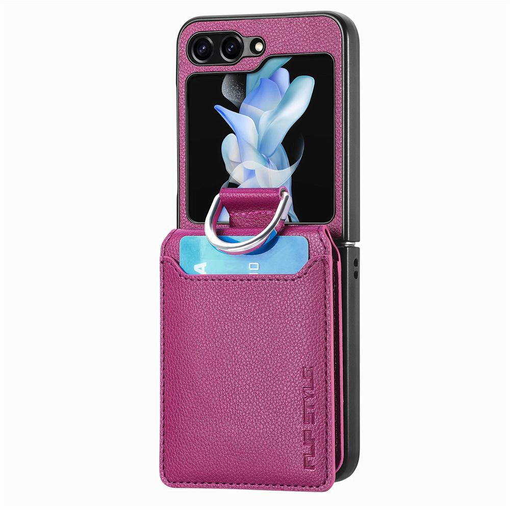 

Lychee Pattern Leather Wallet Case For Samsung Z Flip 5 4 3 2 7 Card holder Cover For Galaxy Z Flip 4 6 Finger Ring Soft Cover for Samsung Z Flip 5
