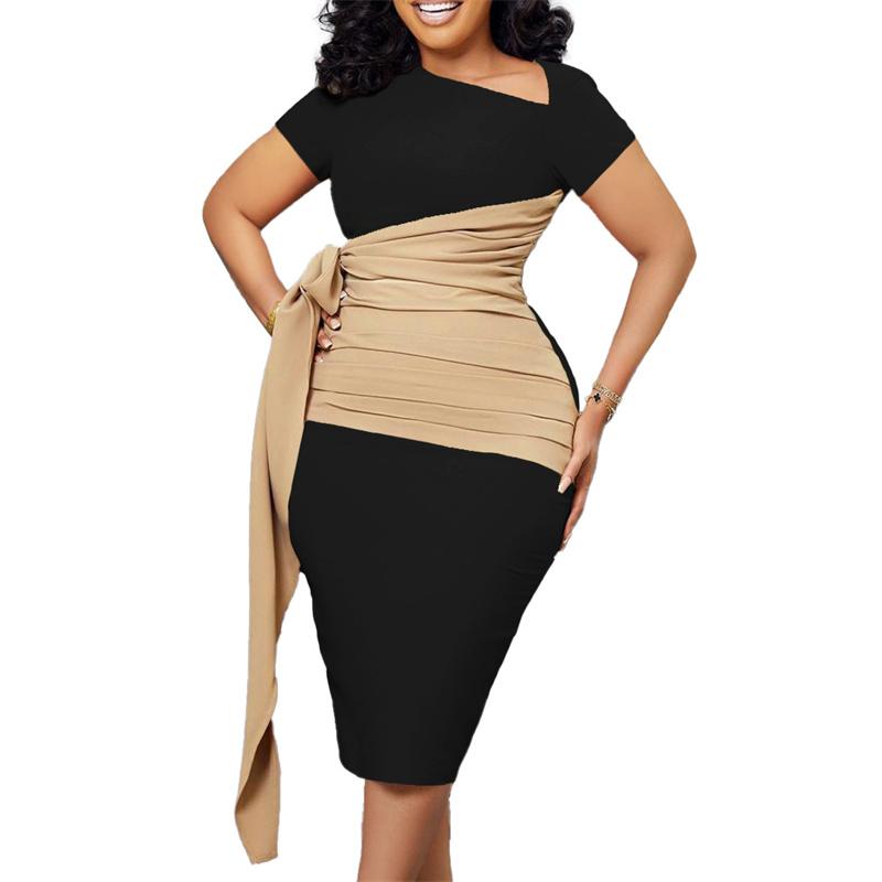 Pleated Strap Clothing Summer Short Color Matching Large Size Women's Sleeve Diagonal Collar Sheath Dress