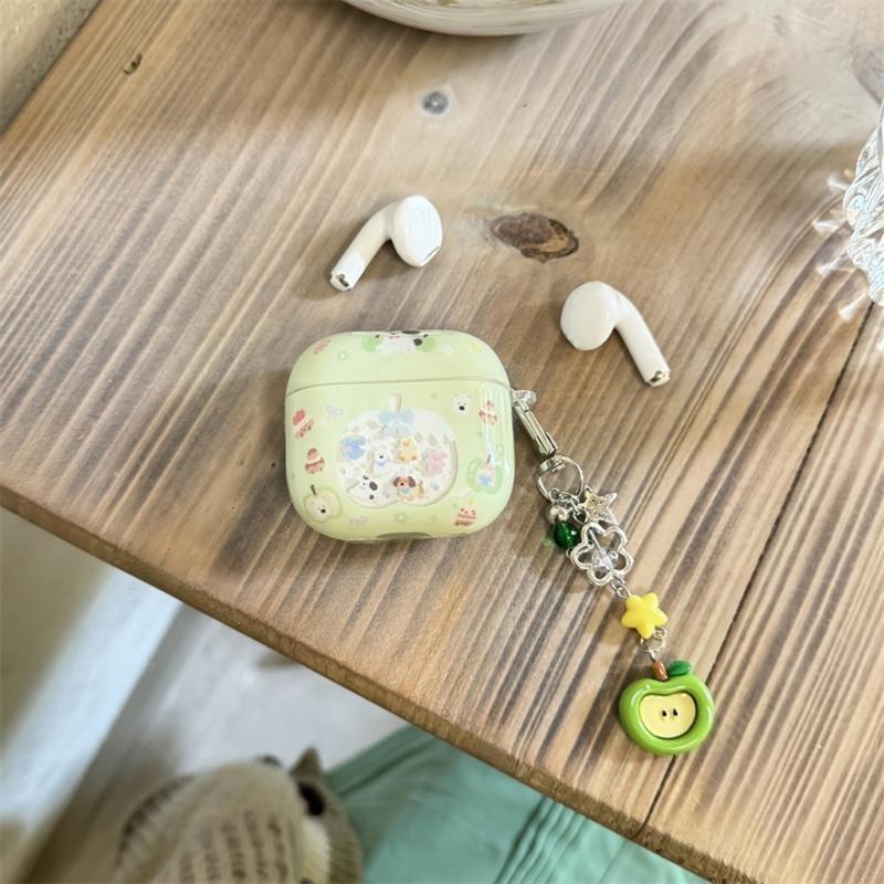Cartoon Green Design Protective Case For AirPods4 Earbuds Shell With Detachable Keychain Precise Charging Port Access
