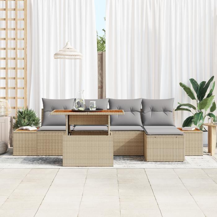 VidaXL Ensemble de salle à manger de jardin en 6 pièces avec coussins beige en polyrotin et acacia 3350062