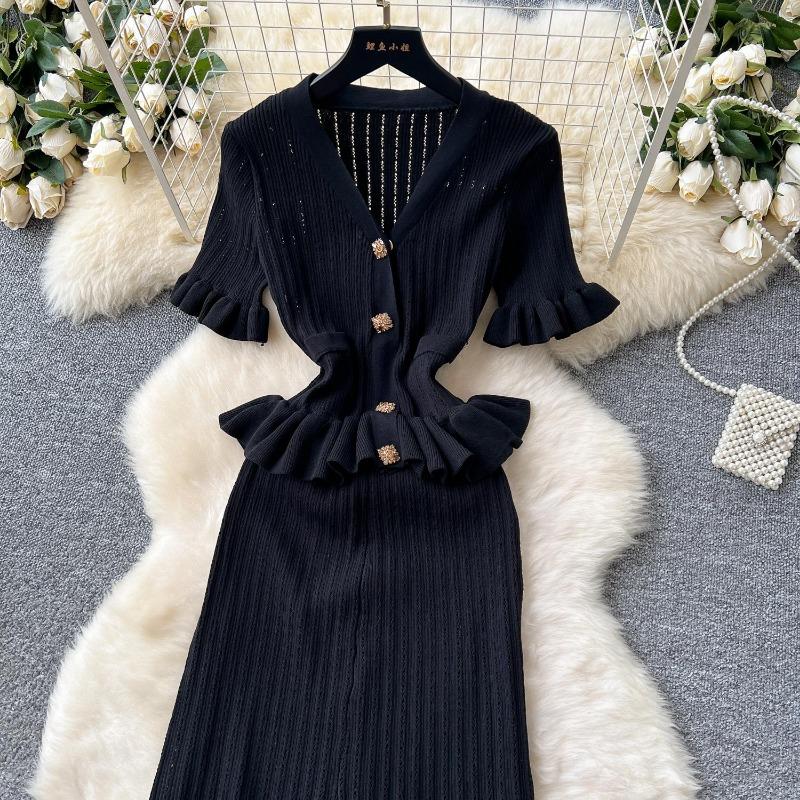 Retro Strickpullover Rüschen Sexy Einreihig Elegant A-Linie Langes Maxi Abend Party Kleid Damenmode Sommerkleidung