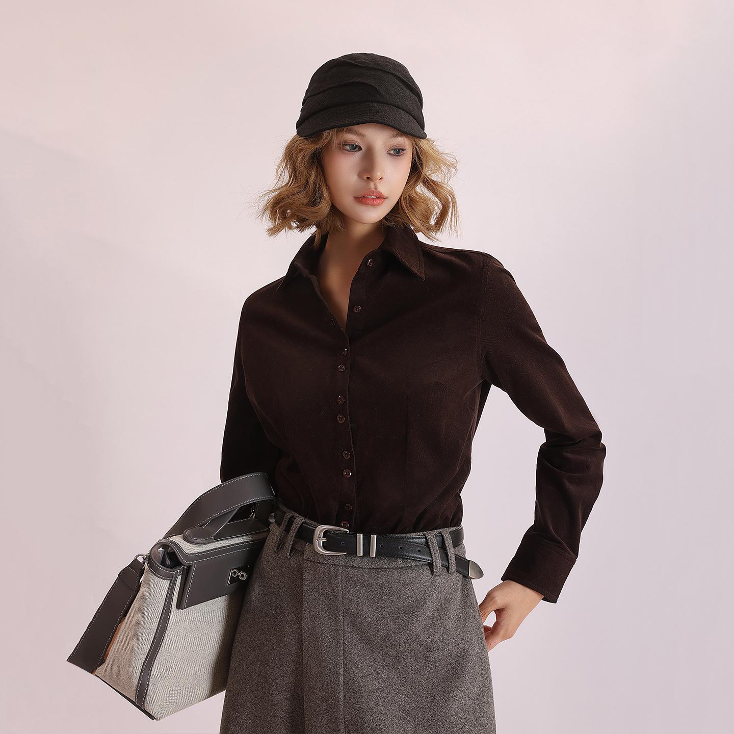 Autumn-Winter Women s Washed Corduroy Slim Fit Long Sleeve Shirt S коричневый/каштановый