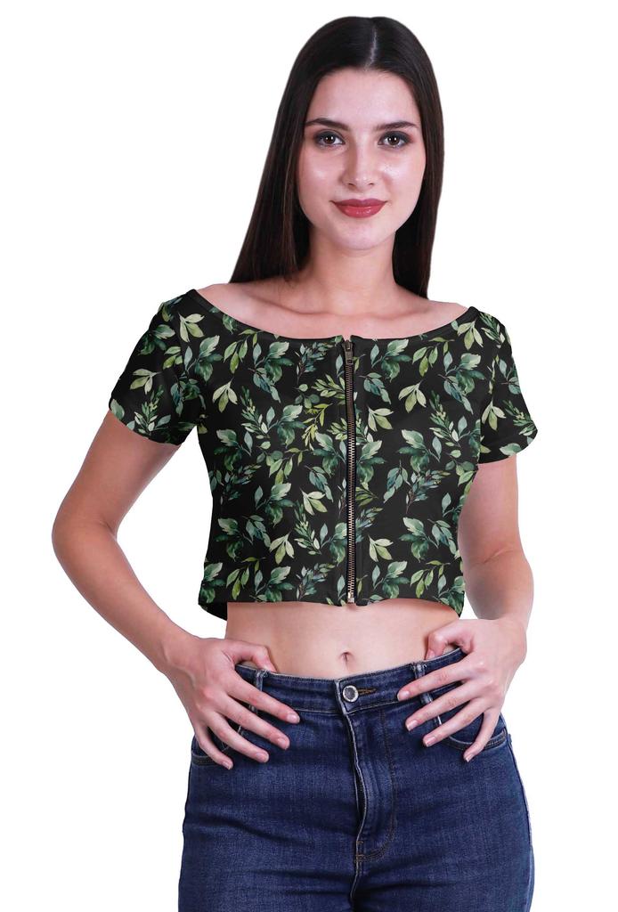 Moomaya Printed Boat Neck Womens Sexy Summer Tops Zip Front Viscose Crop Top