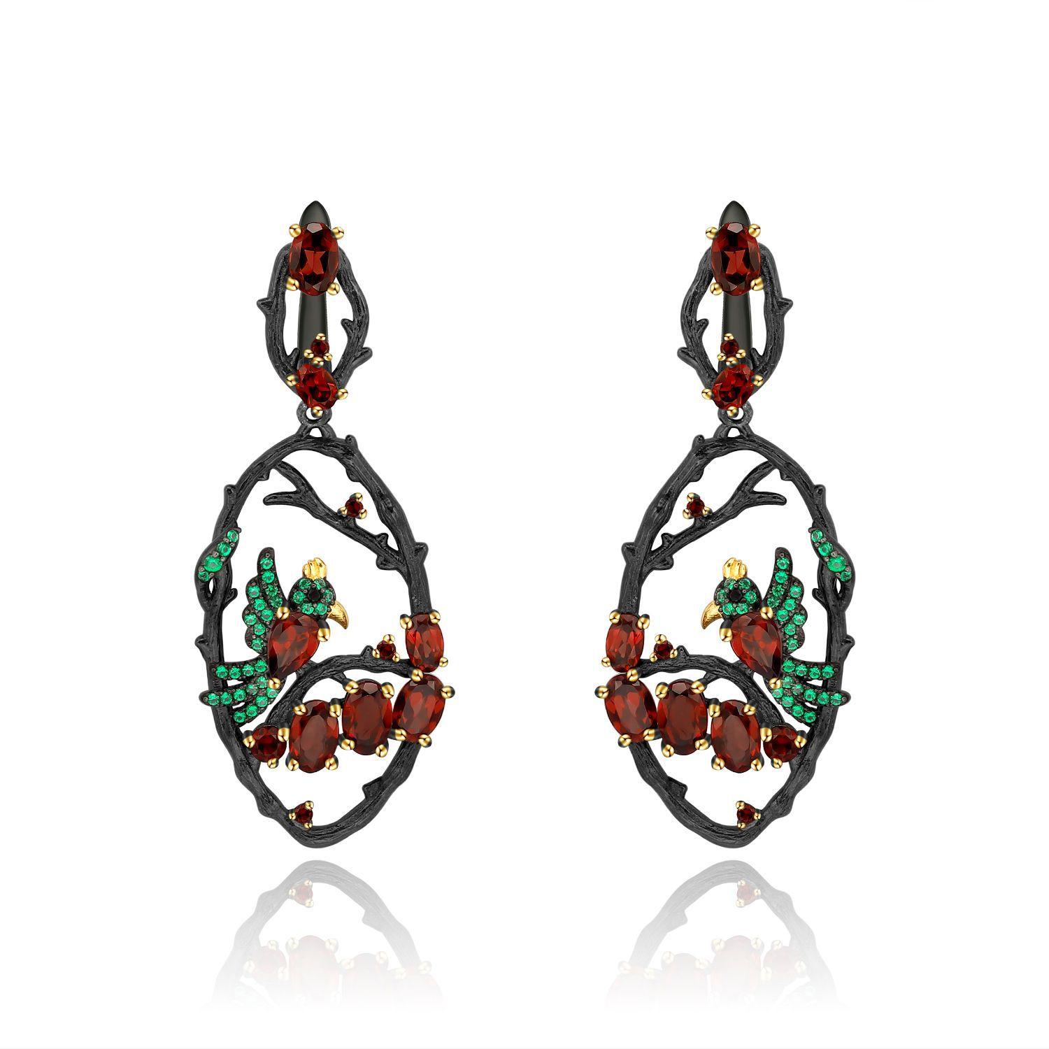 

Оригинальные дизайнерские серьги. Серьги «Птицы в кустах» в китайском стиле из серебра 925 пробы с натуральными драгоценными камнями.