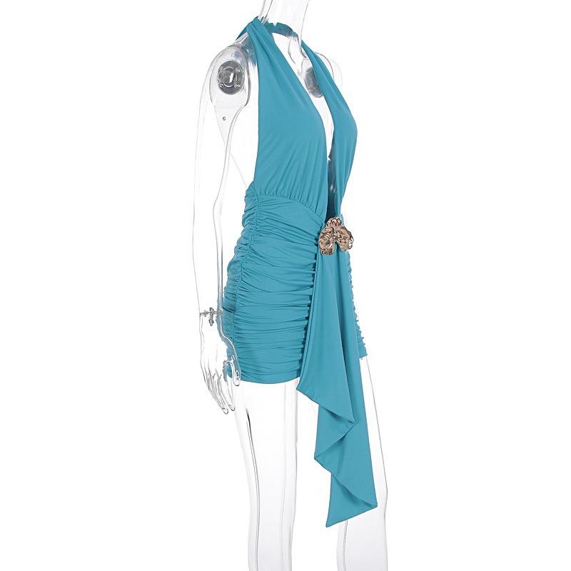 Sexy Träger-Mini-Körperbetontes Kleid mit tiefem V-Ausschnitt und Metallverzierungen in Unifarben für Damen