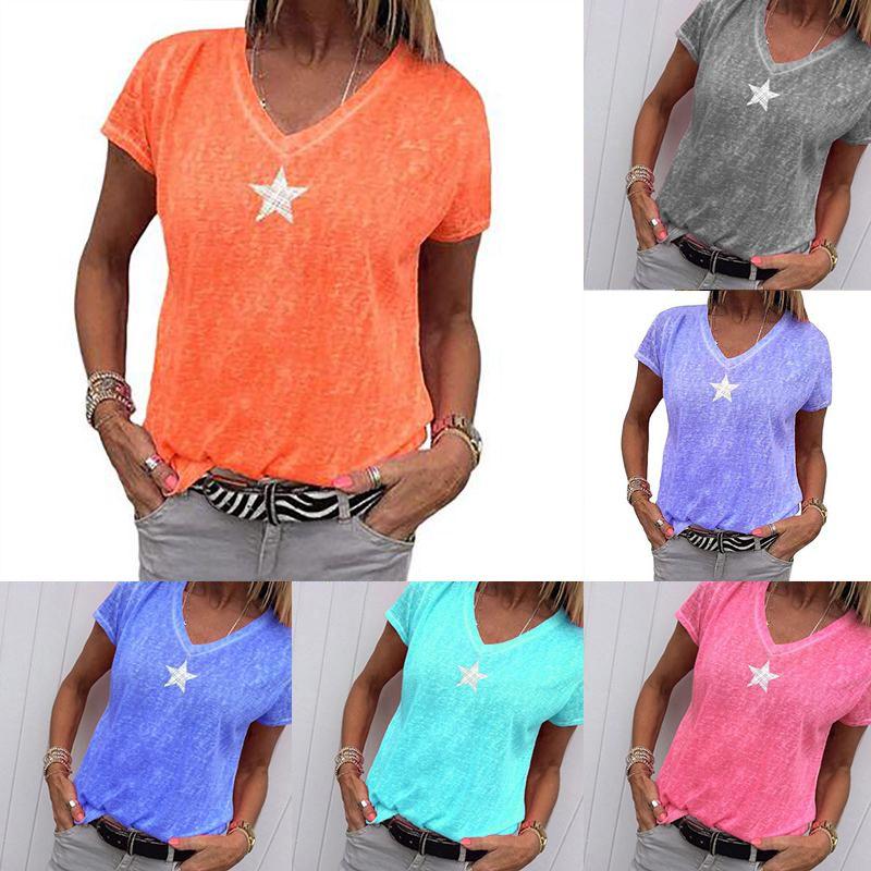 Stylish Women V-neck T-shirt Casual Loose Star Summer Shirts Solid Short Sleeve Perfect For Outdoor Activities