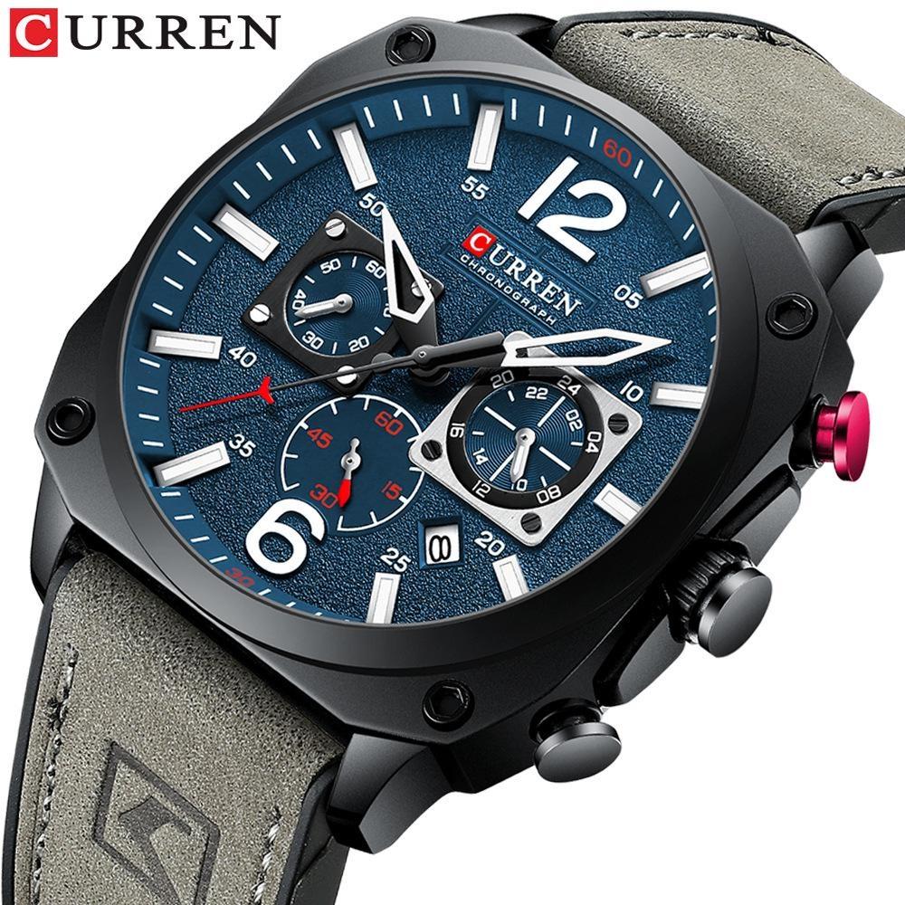 CURREN Men's Leather Watch Square Multifunction Chronograph Quartz Waterproof Fashion Wristwatches