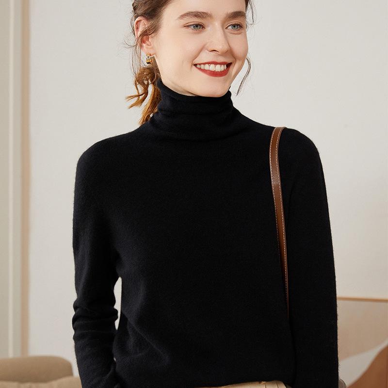 Women’s Cashmere Pile Collar Sweater - High Collar, Knitted, Loose Fit, Slim Inner Layer