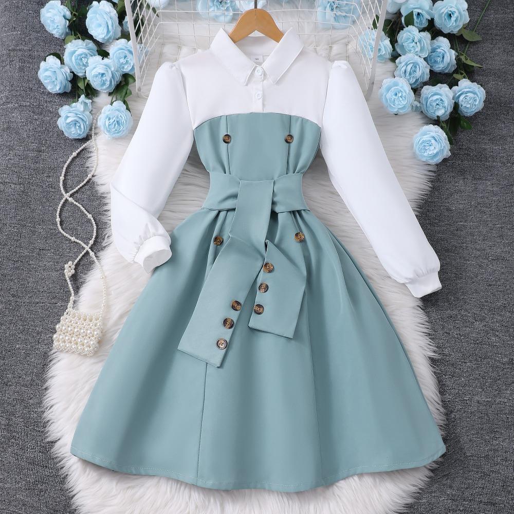 8-12Y Girls' Long-Sleeved Dress Autumn/Winter Dress Patchwork Fashion Contrasting Colours Minimalist Dress