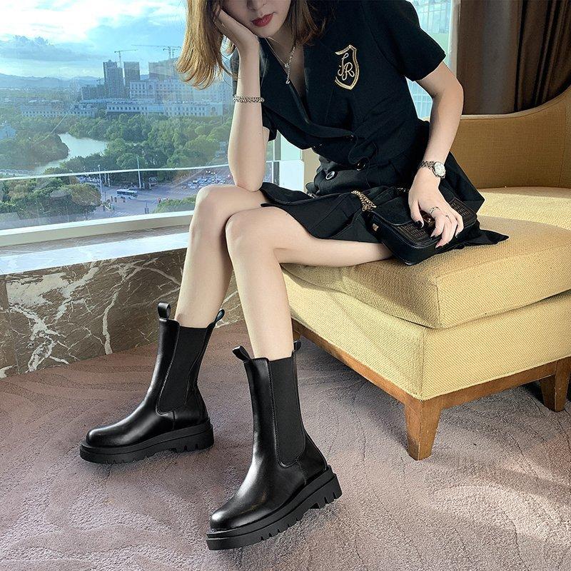 Women's thick-soled short boots, autumn new medium tube thin boots, round head elastic cigarette boots