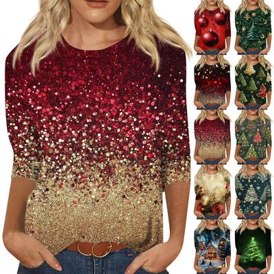 Women's Fashion Casual Seven Sleeve Christmas Printed Round Neck Top