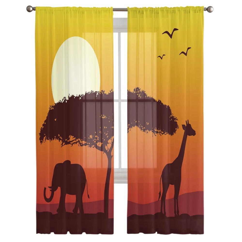 Dusk Elephant Giraffe Sun Christmas Tree Fine Netting Transparent Drapes Perfect for Living Room Decoration Window Panel Curtain for Bedroom Voile