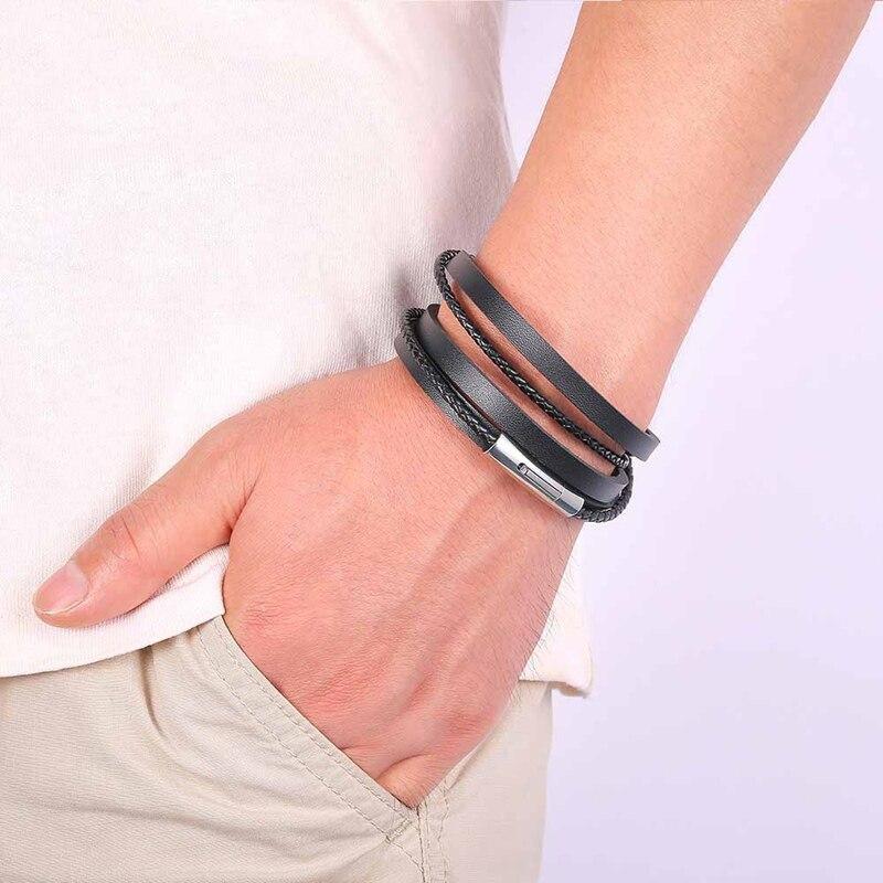 

Панк многослойный кожаный мужской браслет из нержавеющей стали с застежкой кожаный браслет для особого подарка на день рождения 185mm чёрный