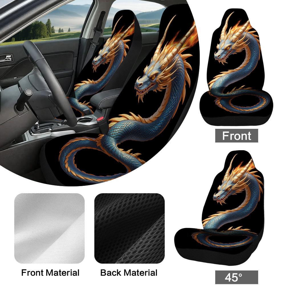 2 Stück mythische gold-blaue Drachen Autositzbezüge kompatibel für Fit, Luxuriöses Drachendesign Vordersitzschoner mit Polsterung