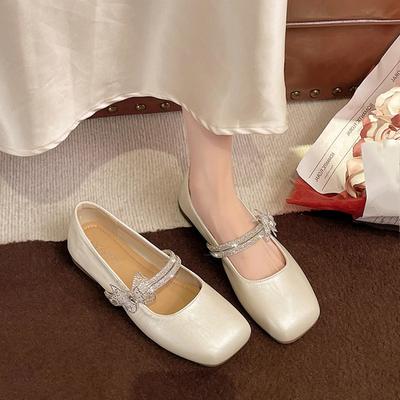 Flacher Mund Kristallschuhe Frau 2025 Damen Schuhwerk Quadratische Spitze Strass Neu Kleid Sommer Flach Mary Janes Kristall Flach Mo