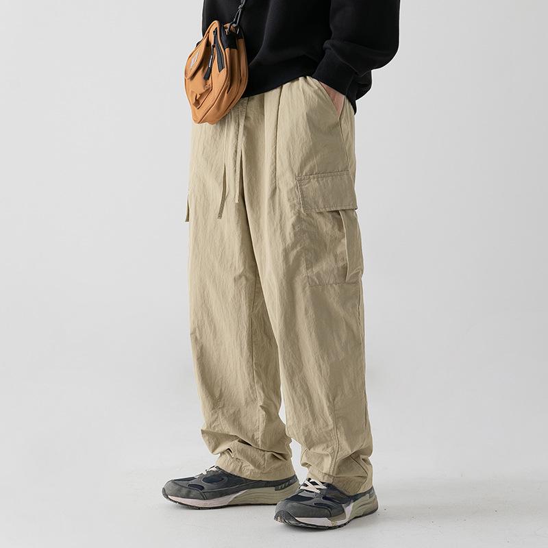 Pantaloni de lucru pentru bărbați în stil japonez, ușor șifonați, primăvară-toamnă, exterior, largi, casual, cu pliuri, cu șnur, pantaloni lungi