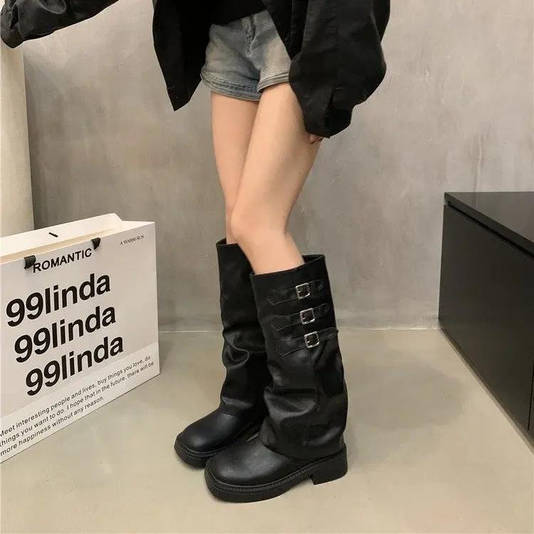 Winter Platform Women Long Boots Fashion Back Suded Knee High Boots Female Elegant Square Heel Women's Pumps