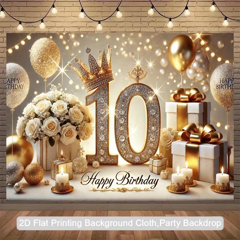 2D 10th Birthday Backdrop, Gold Glitter Banner for Party & Photo Booth