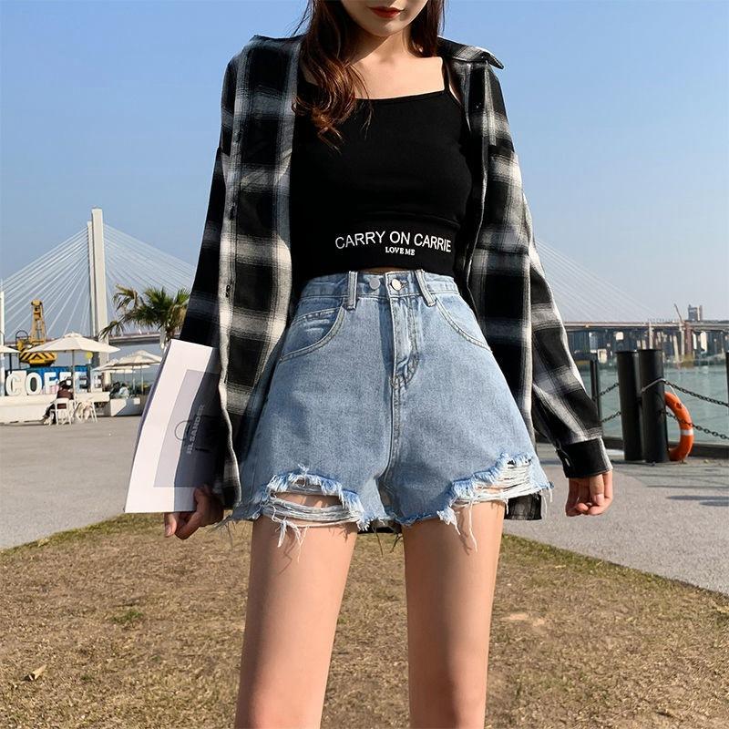 

Женские джинсовые шорты с отверстиями, обжимаемые высокой талией, широкие брюки, тонкие летние джинсы, шорты, брюки для девочек 2XL светло-синий