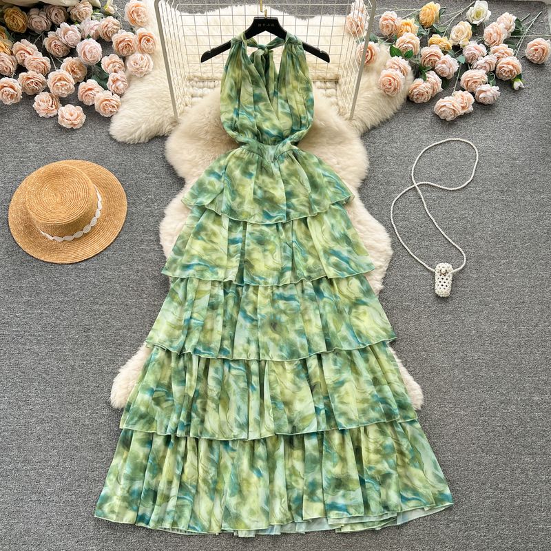

Vacation Style Blooming Long Tiered-Ruffle Dress Chiffon Halterneck Green S