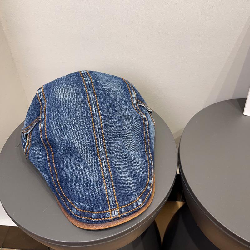 Women's Retro Washed Denim Duckbill Flat Cap with PU, Versatile Face Slimming Design, Spring-Autumn Backwards Beret.