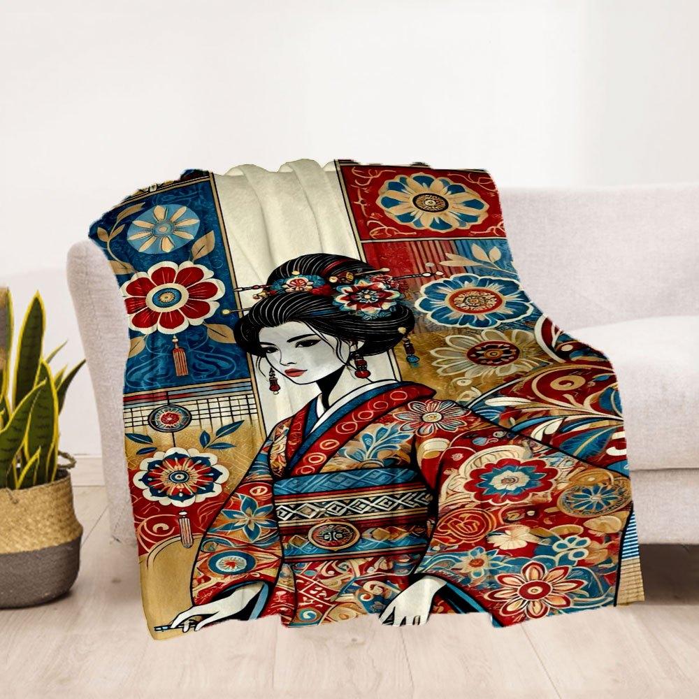 "Japanese Floral Kimono Art Print - Vibrant Traditional Design"Blanket Flannel Throw Blanket for Sofa, Bed, Travel, Camping, Office, Couch,