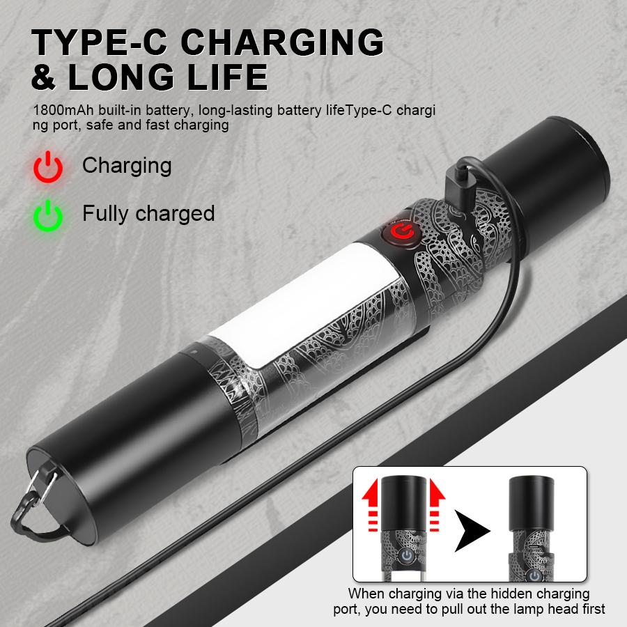 X49 Multifunctional Zoom LED Flashlight Rechargeable COB Camping Lamp  W/ Hammer Hook & Magnet Self-defense Safety Hammer Torch