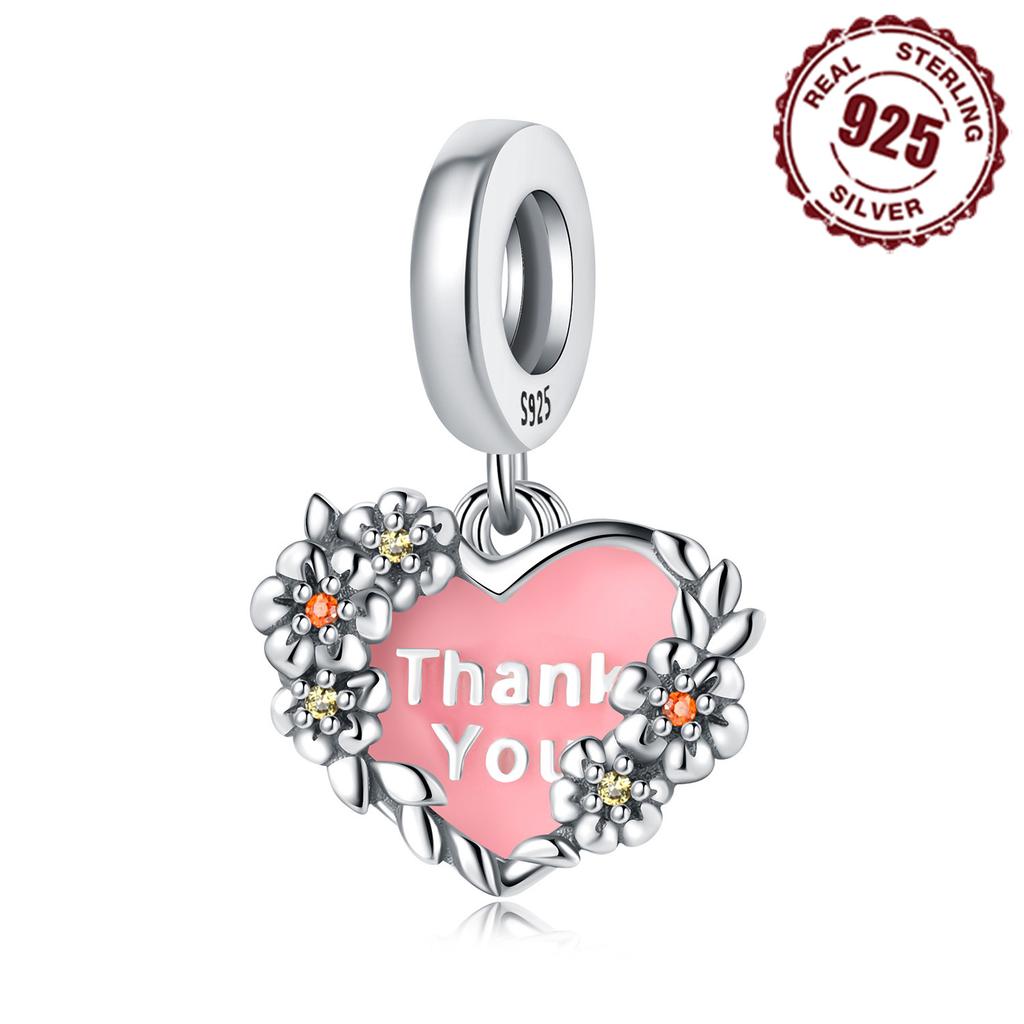 Real Copper Pink Heart-Shaped Flower Pendant Beads Fit Original Bracelet For Women Jewelry Gifts Accessory