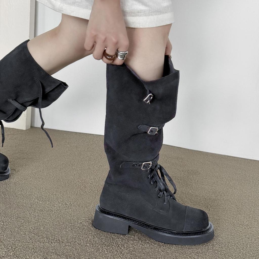 2025 new western cowboy boots retro knight boots women's medium boots medium thick heel thick bottom pile long boots