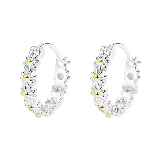 Yousheng 1 Pair Women Huggie Earrings Flower Decor Smooth Polished Alloy Copper Retro Pastoral Style Round Circle Lady Earrings