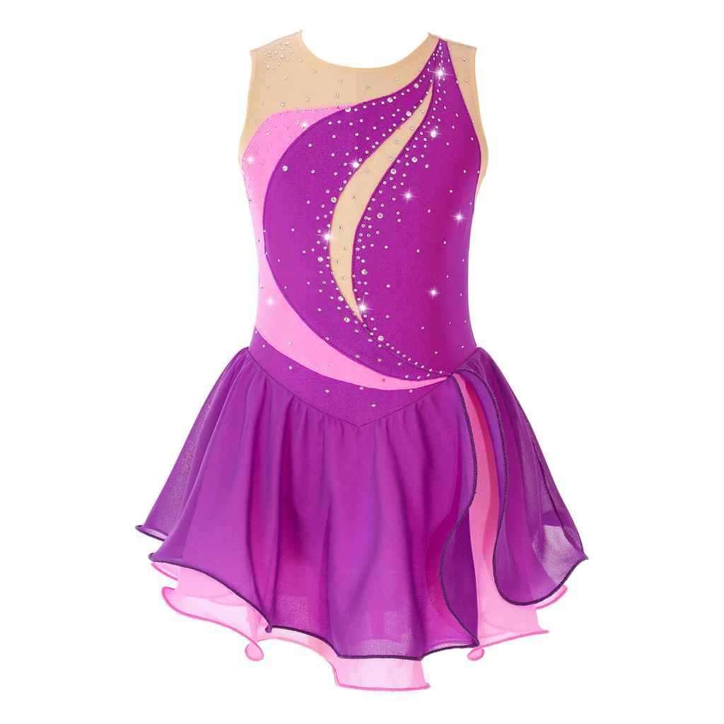 Figure Ice Skating Dress for Girls Sleeveless Glitter Rhinestone Chiffon Patchwork Ballet Dress Gymnastics Leotard Dancewear