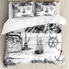 Compass Duvet Cover SetHand Drawn Windrose Floral Arrangement Design Compass Boating Theme PrintBedding Set DecorFull Size