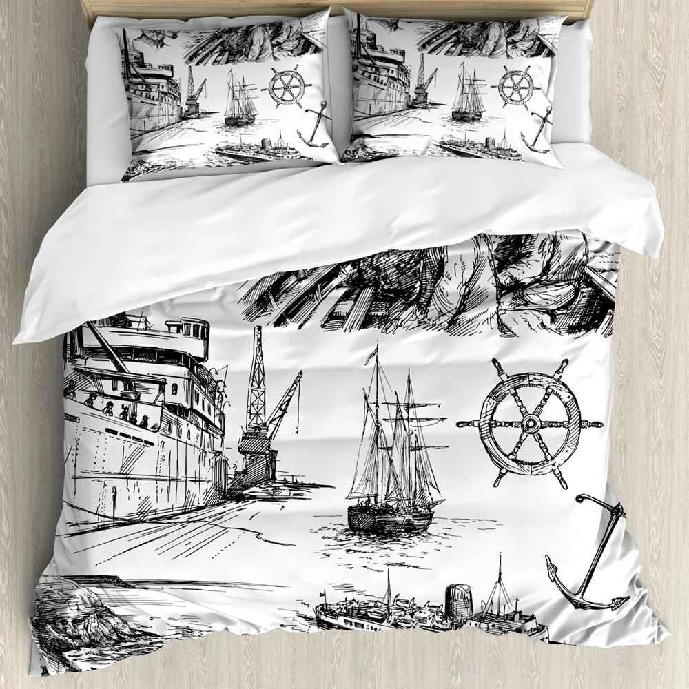Compass Duvet Cover SetHand Drawn Windrose Floral Arrangement Design Compass Boating Theme PrintBedding Set DecorFull Size