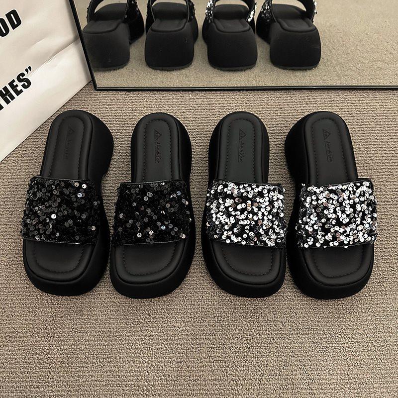 Sense Sequined Muffin Bottom Slippers Women's Summer Wear One Word Women's Platform Sandals Semi-cool Slippers New
