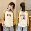 Girls' Korean Style Color Block Cotton Long Sleeve T-shirt - Spring/Autumn Casual Round Neck Top for Medium and Large Children