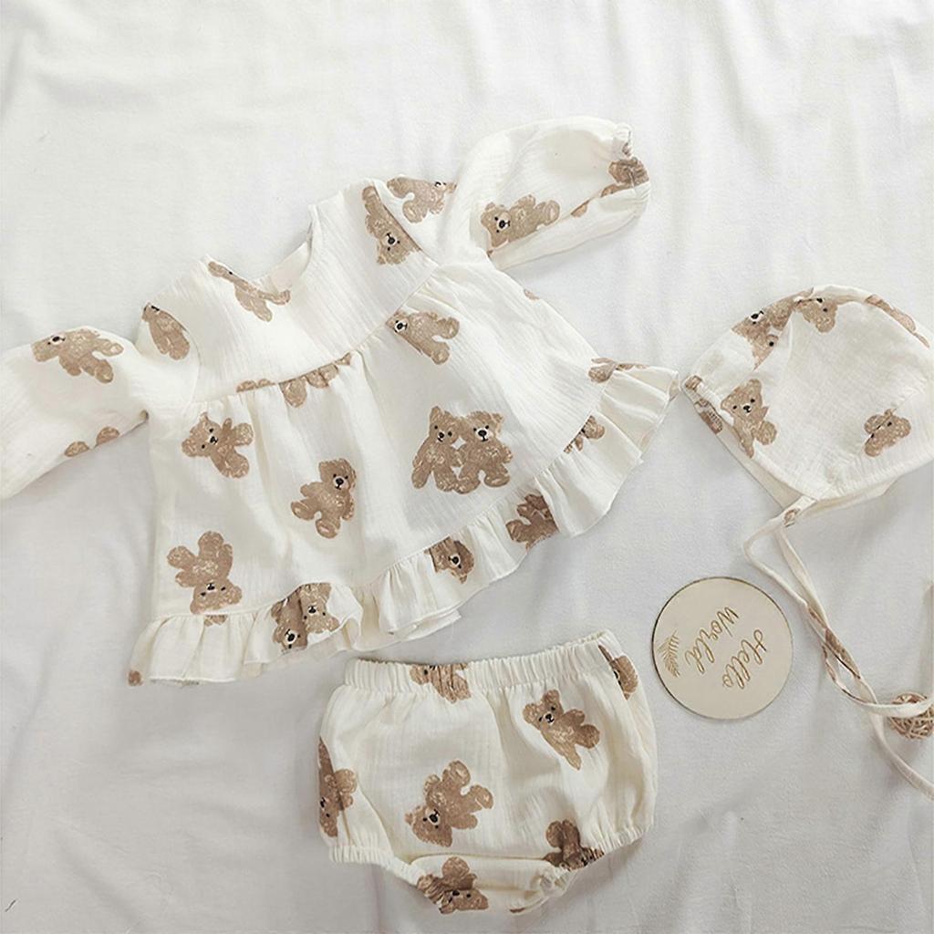 Infant Outfit Clothing Set 3-Pieces Suit 0-2Years Old Girls Dress Cap Shorts for Baby Girl Boy Organic Cotton Bear Print For 18 to 24M