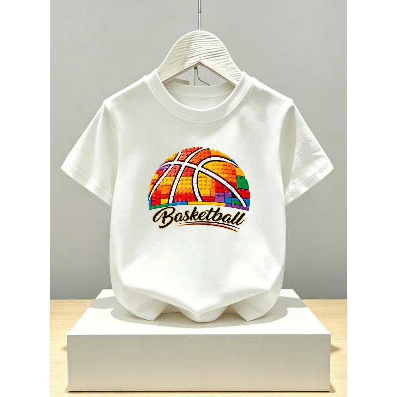 Boys Crewneck Short Sleeve T-Shirt, Creative Building Block Rainbow Basketball Print